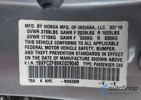 2019 Honda Civic Sport из США, поврежденный, VIN 19XFC2F86KE029040